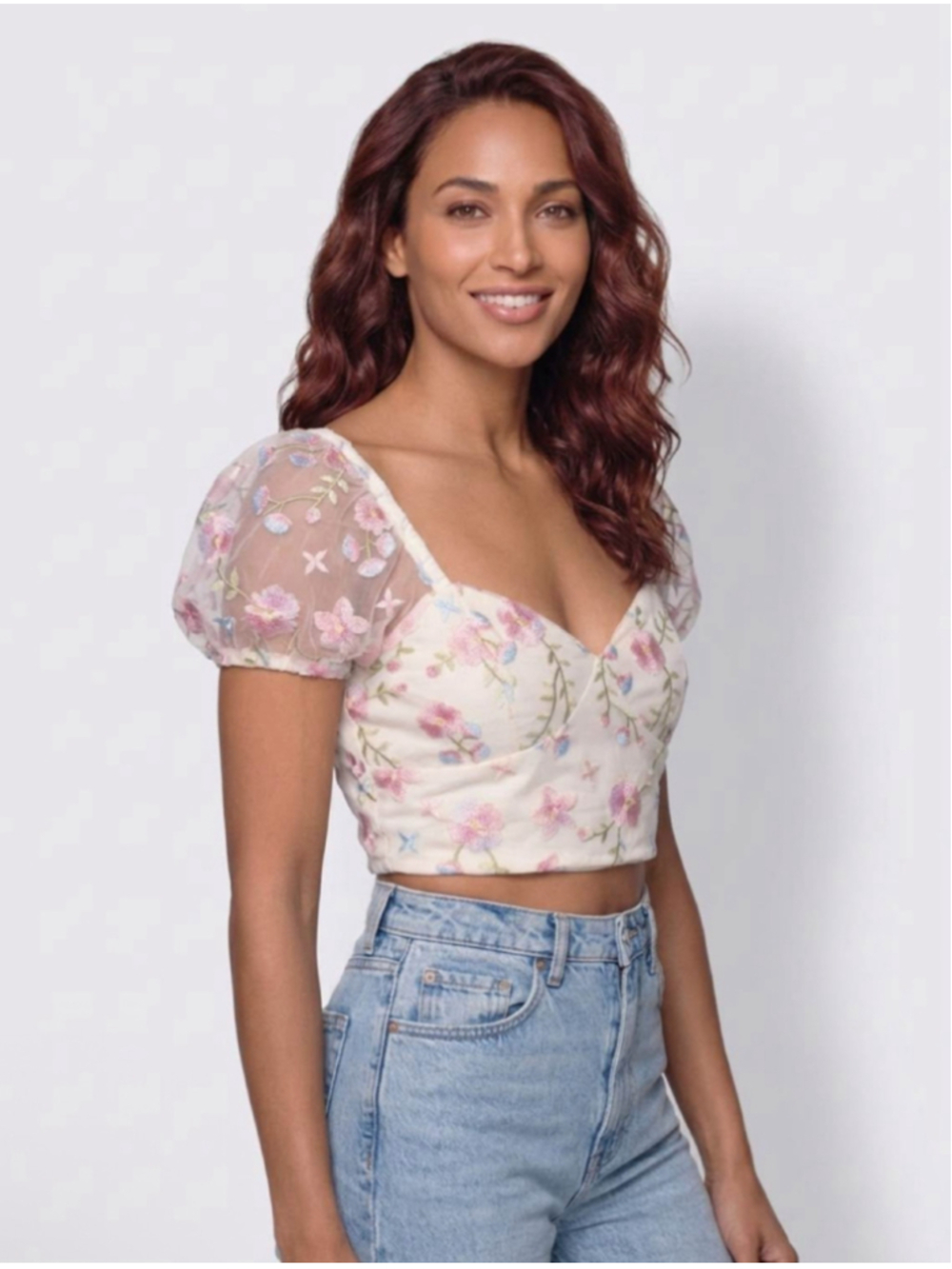 Altar’d State Floral Embroidered Puff Sleeve Crop Top Beige Pink Size M